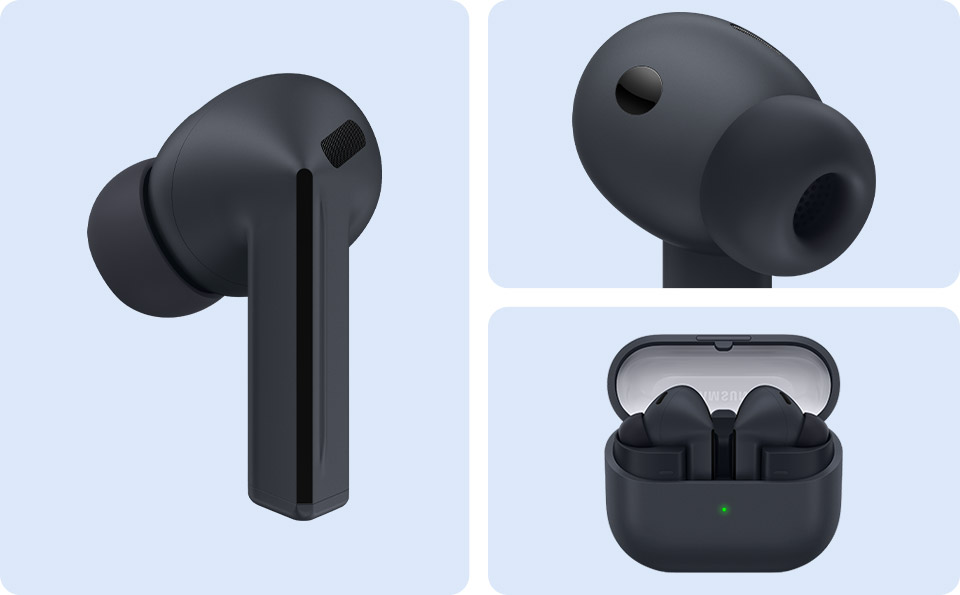 Słuchawki bezprzewodowe Samsung Galaxy Buds3 FE czarne przedstawione z trzech perspektyw